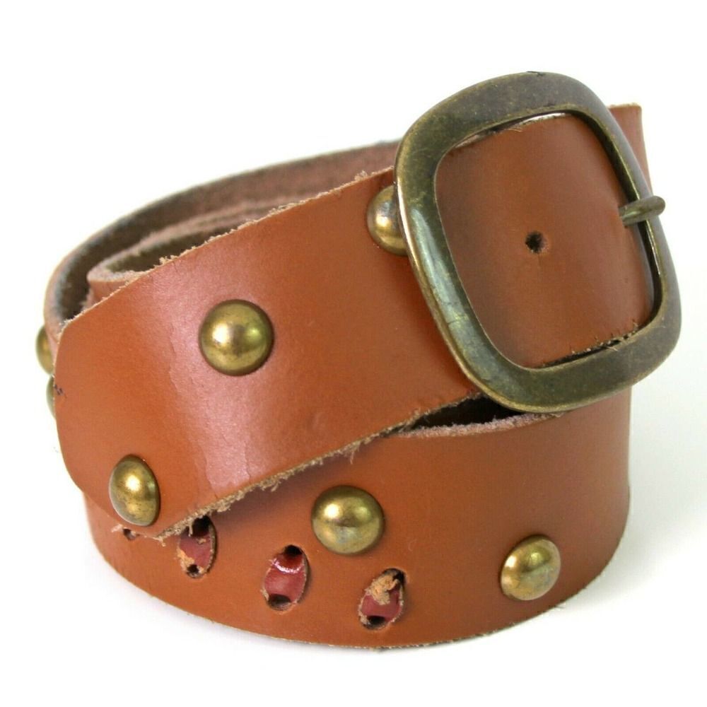 PERFORATED BROWN GENUINE LEATHER 1.5"W STUDDED CASUAL WOMEN'S BELT L 36" (G16 - Picture 5 of 9